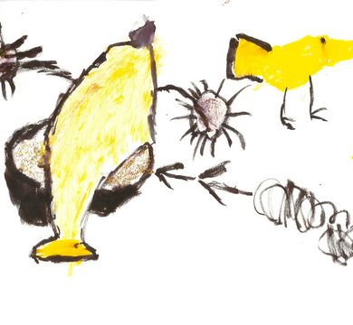 Ein Kinderbild. Eine Art gelber Fisch mit Antennen. Der Heilige Geist, Bild: Jakob Seehausen.