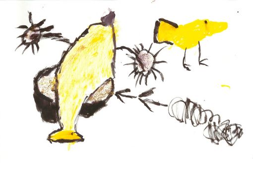 Ein Kinderbild. Eine Art gelber Fisch mit Antennen. Der Heilige Geist, Bild: Jakob Seehausen.