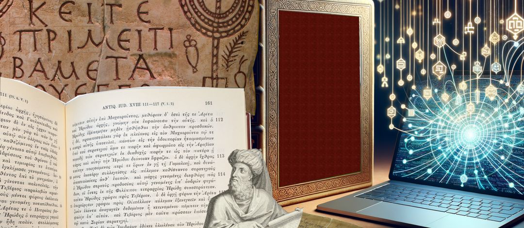 Ein Buch, ein Laptop mit einem Netzwerkmuster, antike Schriften und ein Bild von Philo übereinandergelegt als Collage, Bild: Nicole Oesterreich