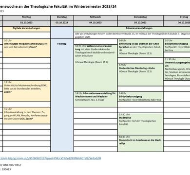 Tabelle mit den Angeboten derWillkommenswoche 2023