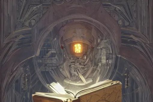 Eine Art Person mit einem gläsernen Kopf, darin Maschinenteile, mit einem Buch auf dem Schoß sitzt in einer riesigen Bibliothek. Ein lesender KI-Theologe, erstellt von einer KI, Foto: AI Art.