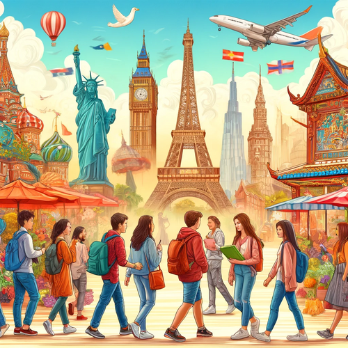 in einer Grafik laufen im Vordergrund junge Menschen, mit Büchern, die sich verschiedene Nationaldenkmäler wie den Eifelturm, Big Ben und die Freiheitsstatue anschauen. Am blauen Himmel wehen Nationalflaggen, es fliegt ein Flugzeug von rechts und am linken Bildrand schwebt ein rot-weißer Heißluftballon. Zeichnung:ChatGPT