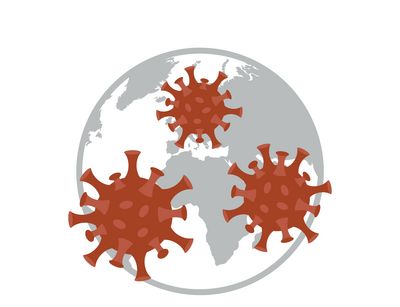 Symbolbild einer Weltkugel und drei Coronaviren