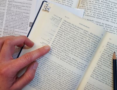 Mitarbeiter beim Lesen des griechischen Neuen Testaments, Foto: Nicole Oesterreich