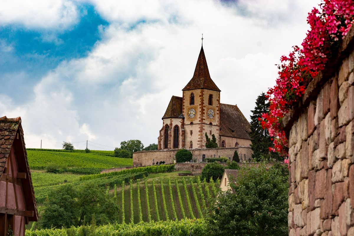 zur Vergrößerungsansicht des Bildes: Eine für das Elsass typische “Bilderbuchszene”: Dorfkirche von Hunawihr, Saint-Jacques-le-Majeur (St. Jakobus der Ältere). Foto: Matheus Guimarães/Pexels, https://www.pexels.com/photo/beige-and-brown-church-surrounded-by-grass-and-flowers-1270423/, Aufnahme vom 21.07.2018, Zugriff am 31.03.2023, Public Domain.