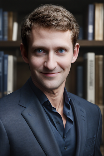 Ein KI-generiertes Porträtfoto eines jungen Mannes im dunklen Anzug und Hemd, mit blonden kurzen Haaren vor einem Bücherregal, das nur unscharf zu erkennen ist.